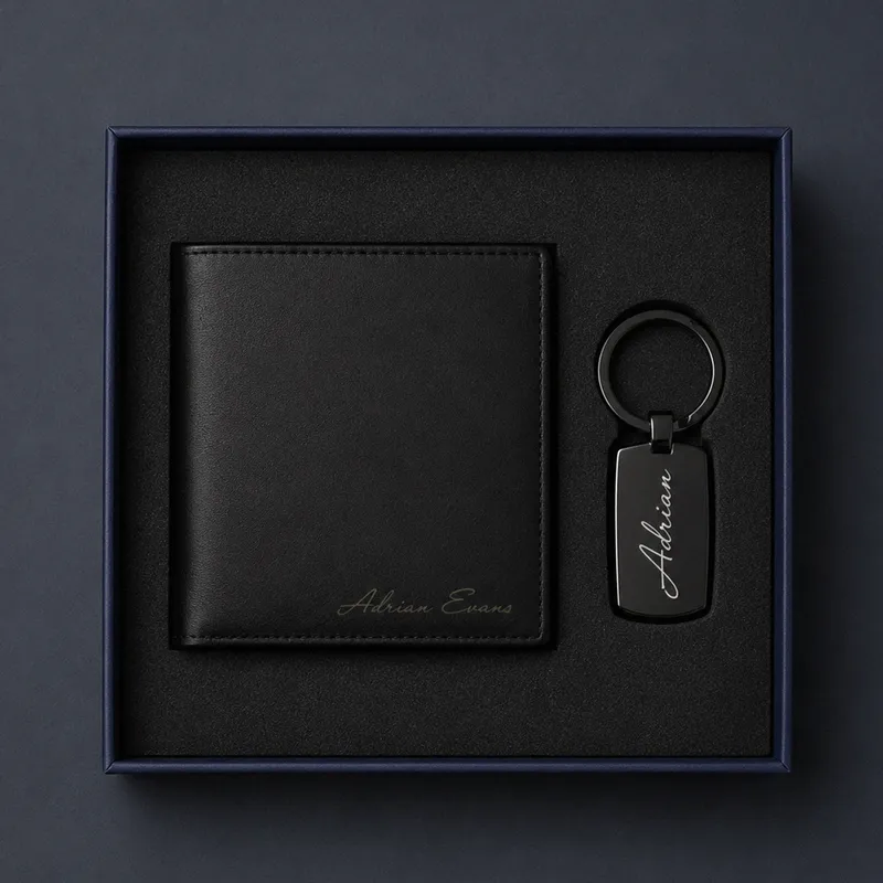 Gifts for Men Leather Wallet and Keychain Set
