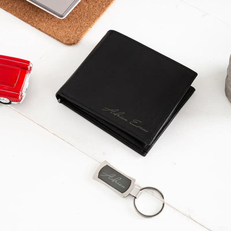 Personalised Leather Wallet and Keyring Gift Set for Men