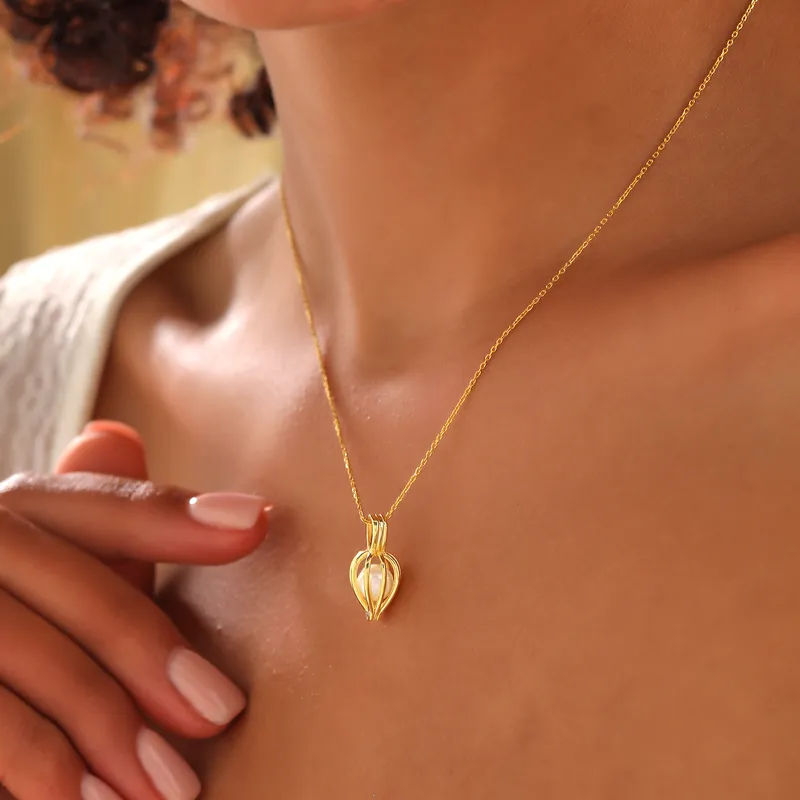 Gold Plated Pearl Necklace with Elegant Cage Design