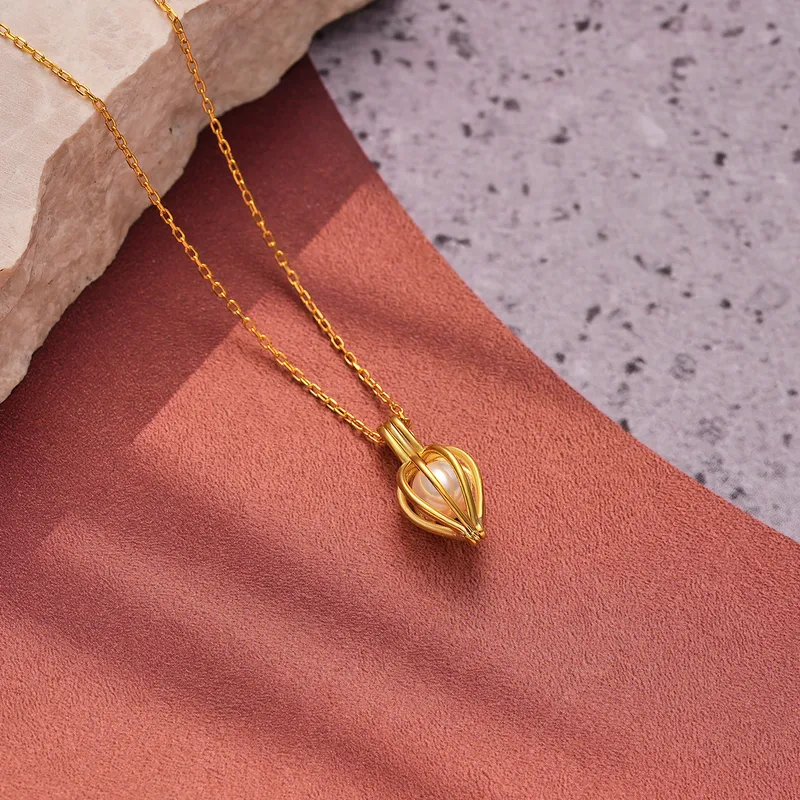 Gold Plated Pearl Necklace with Elegant Cage Design