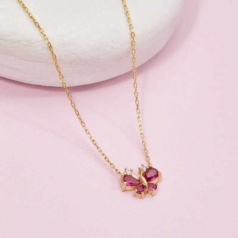 Gold Plated Necklace with Butterfly Pendant Made of Zirconia Stones
