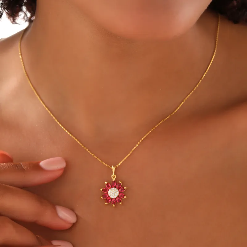 Gold Plated Necklace with Flower Pendant with Pink Zirconia Stones