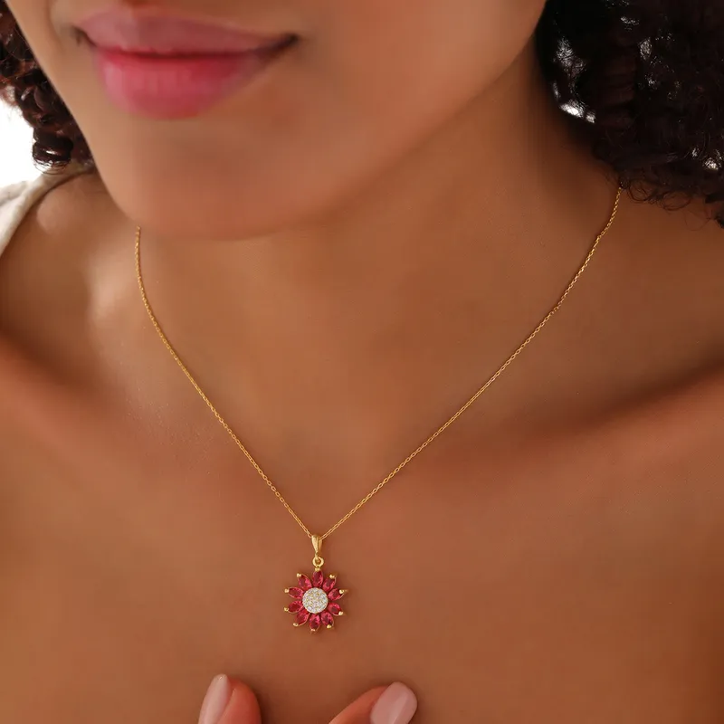 Gold Plated Necklace with Flower Pendant with Pink Zirconia Stones