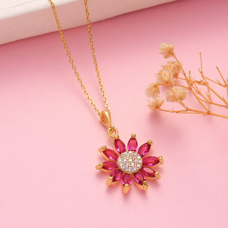 Gold Plated Necklace with Flower Pendant with Pink Zirconia Stones