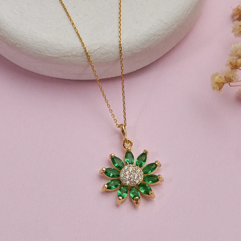 Gold Plated Necklace with Flower Pendant with Pink Zirconia Stones