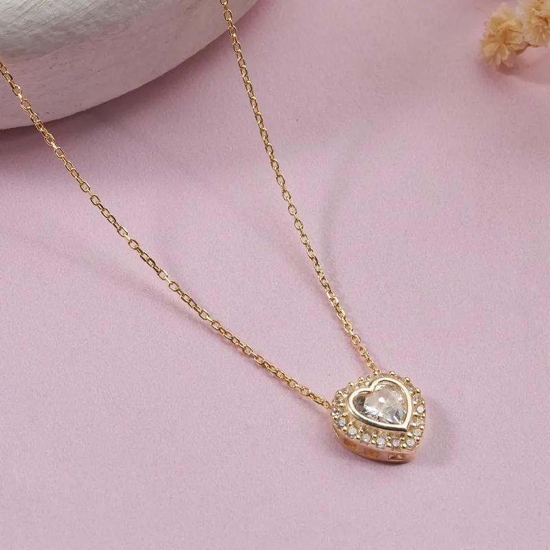 Gold Plated Necklace with Heart Pendant Made of Zirconia Stones