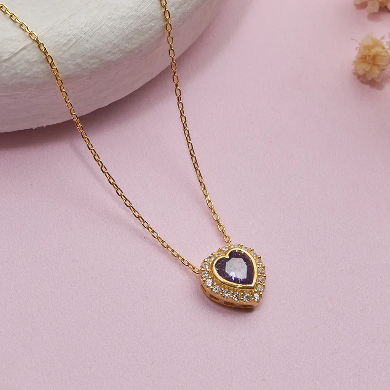Gold Plated Necklace with Heart Pendant Made of Zirconia Stones