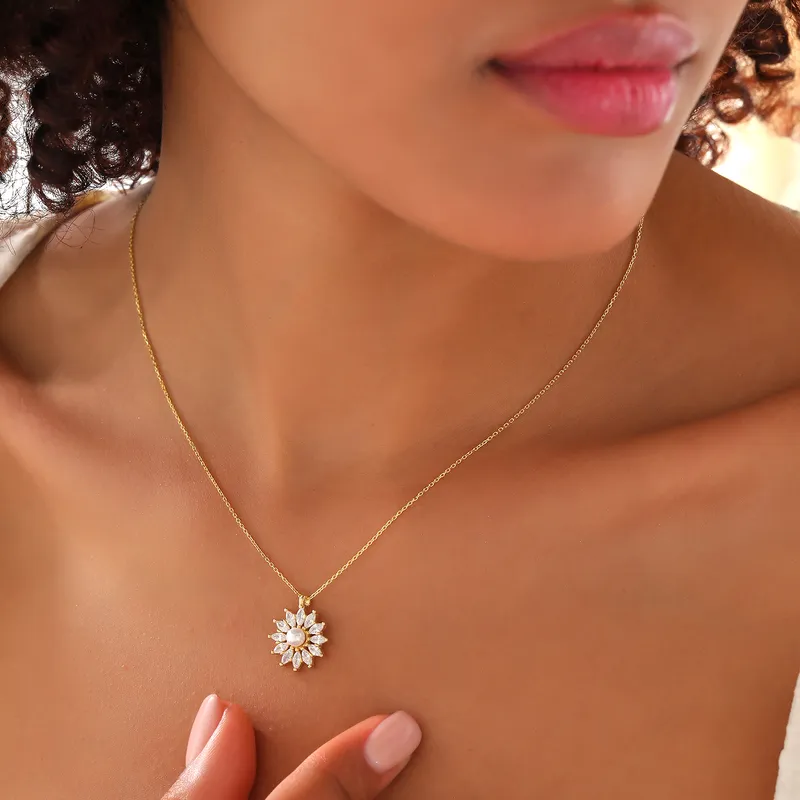 Pearl Flower Pendant Gold Plated Necklace for Her