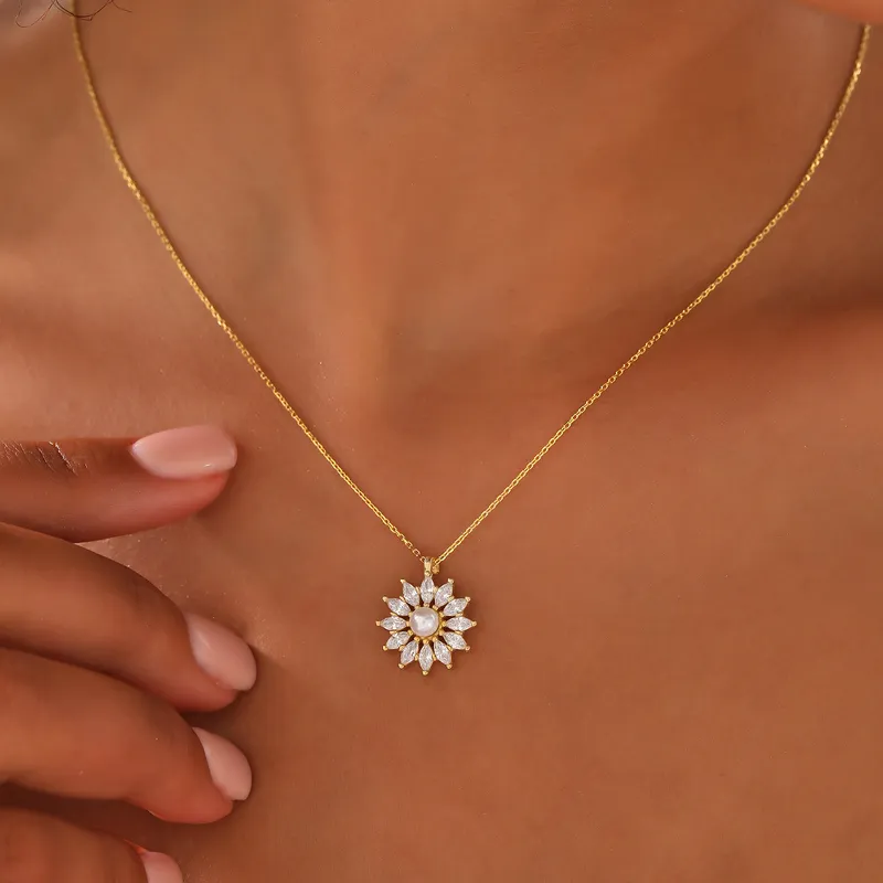 Pearl Flower Pendant Gold Plated Necklace for Her