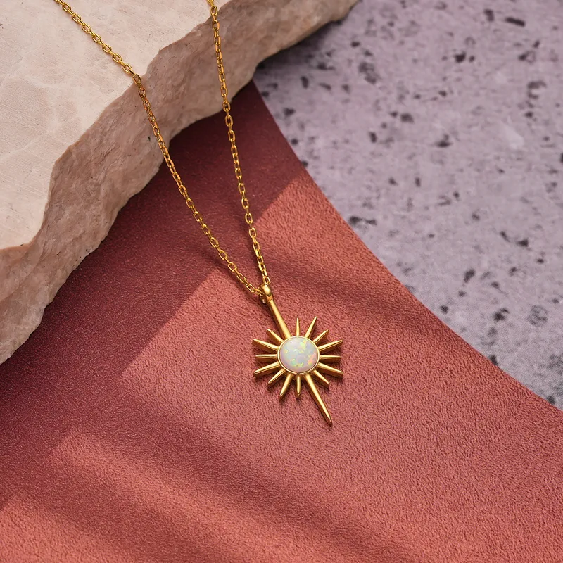 White Opal Sunburst Pendant Necklace for Her