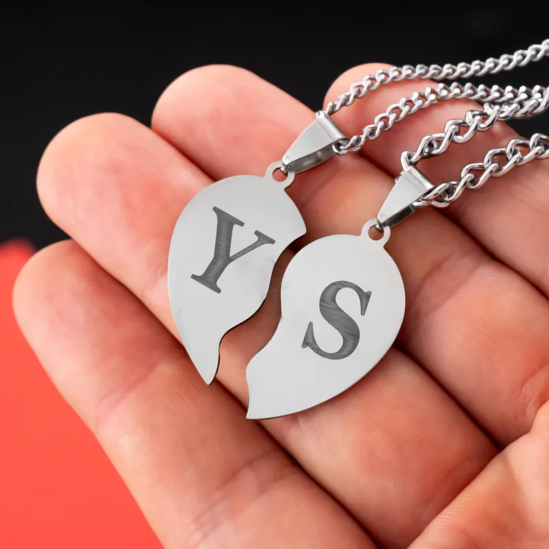 Personalised Couples Initial Heart Puzzle Necklace Set