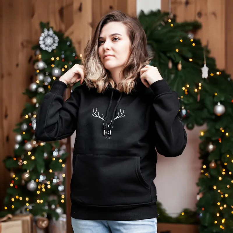 Ho Ho Ho Reindeer Printed Hooded Sweatshirt