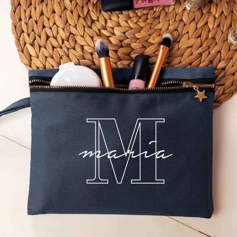 Personalised Canvas Makeup Bag with Name and Initial Design