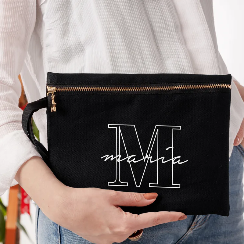 Personalised Canvas Makeup Bag with Name and Initial Design