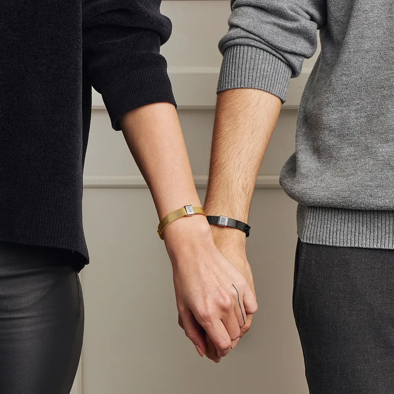 Initial Customized 2pcs Bracelet Set for Couples Black and Gold
