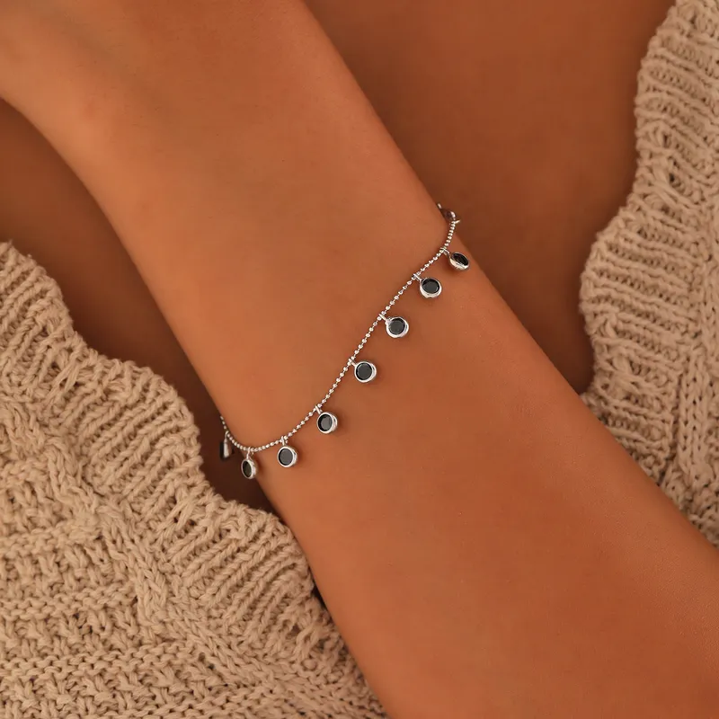 Italian Chain Silver Bracelet with Black Zircon Stones