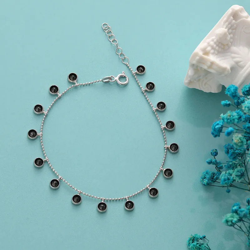 Italian Chain Silver Bracelet with Black Zircon Stones