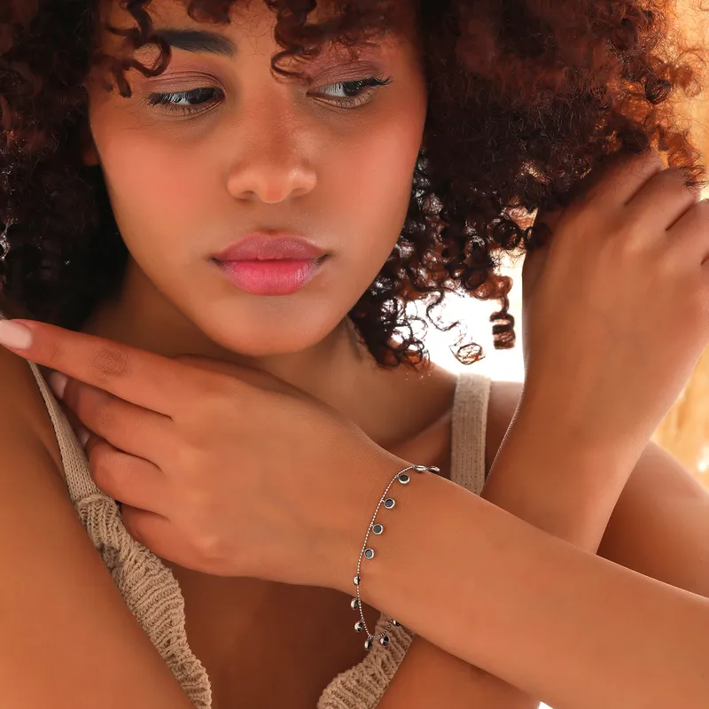 Italian Chain Silver Bracelet with Black Zircon Stones