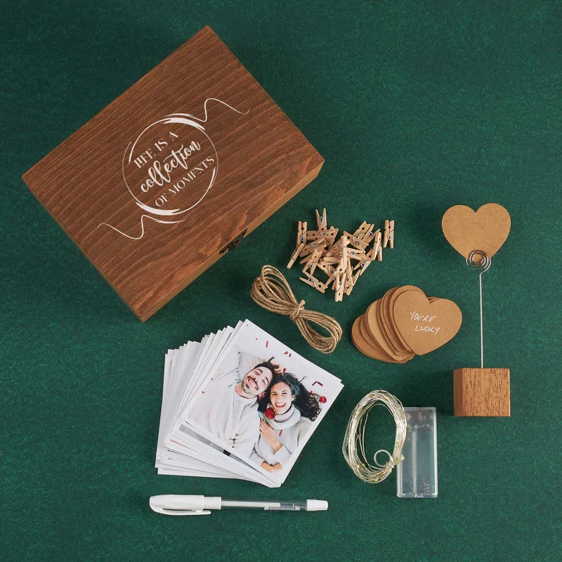 LED Illuminated Wooden Photo Gift Box for Couples