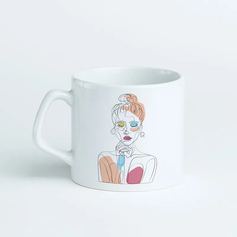 Line Art Thinking Girl Designed Porcelain Mug