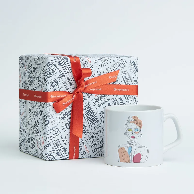 Line Art Thinking Girl Designed Porcelain Mug
