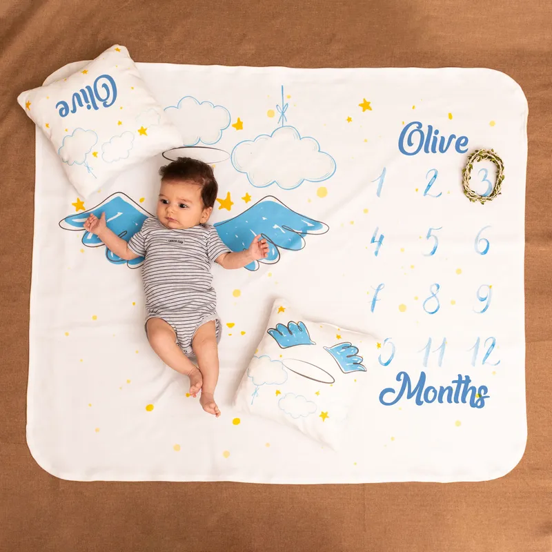 Personalised Baby Milestone Blanket with Angel Wings Design