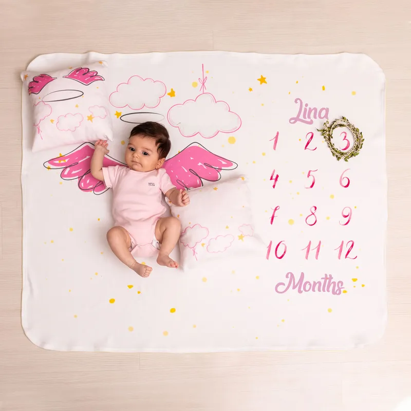 Personalised Baby Milestone Blanket with Angel Wings Design