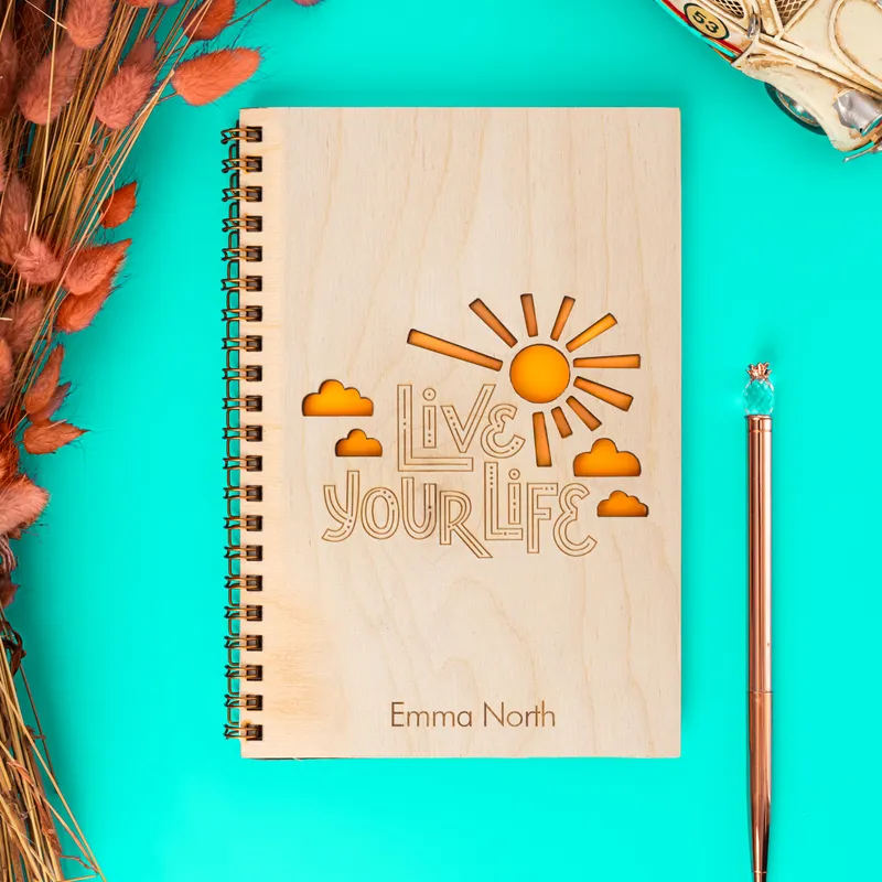 Live Your Life Name Written Motto Wooden Cover Notebook