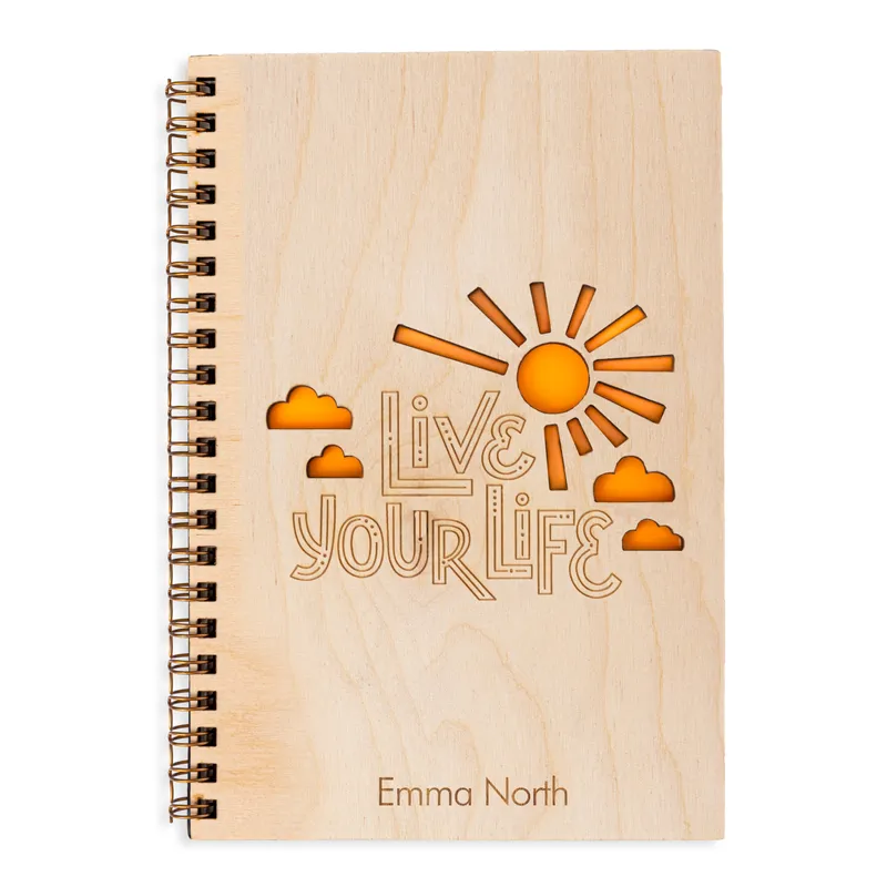 Live Your Life Name Written Motto Wooden Cover Notebook