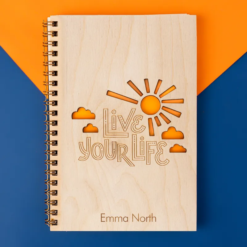 Live Your Life Name Written Motto Wooden Cover Notebook