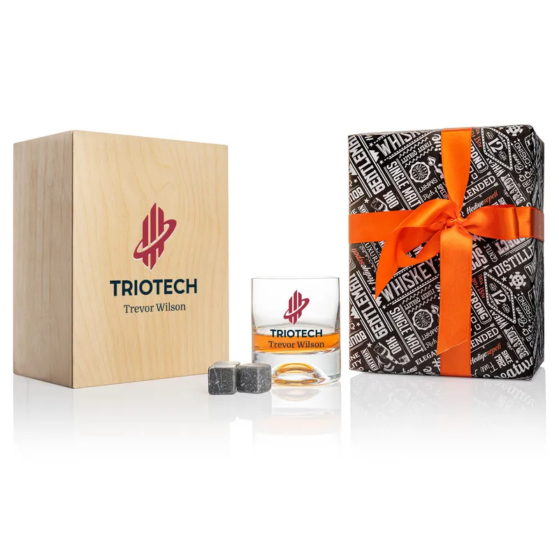 Personalised Whiskey Glass and Cooler Stone Set in Engraved Wooden Box