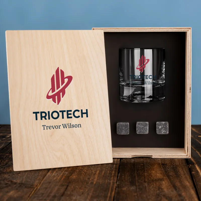 Personalised Whiskey Glass and Cooler Stone Set in Engraved Wooden Box