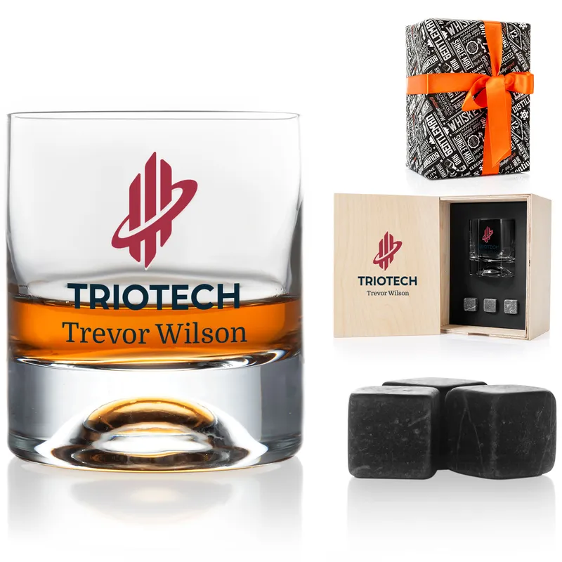 Personalised Whiskey Glass and Cooler Stone Set in Engraved Wooden Box