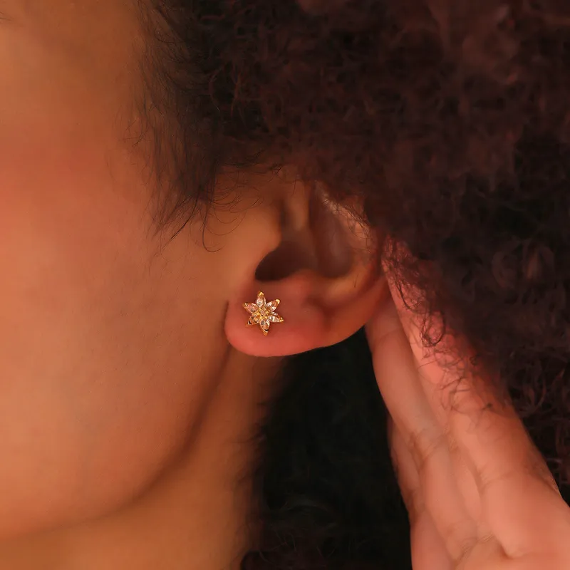 Lotus Flower Themed Gold Plated Earrings with Crystal Stones
