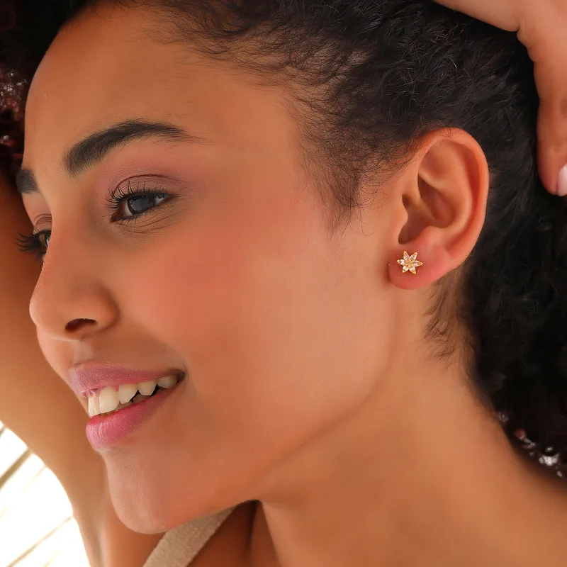 Lotus Flower Themed Gold Plated Earrings with Crystal Stones