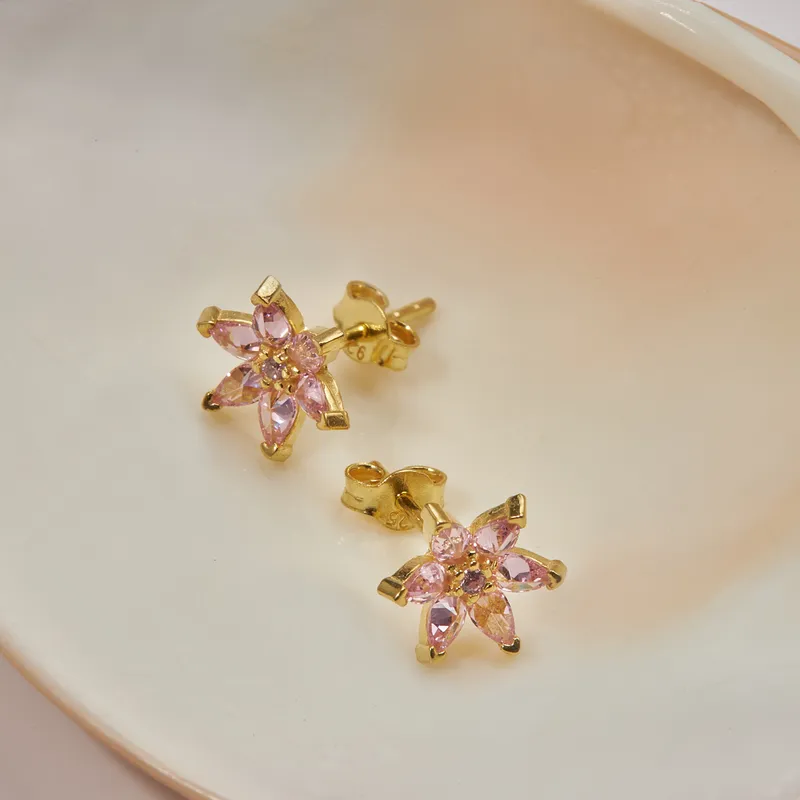 Lotus Flower Themed Gold Plated Earrings with Crystal Stones