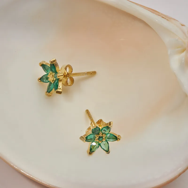 Lotus Flower Themed Gold Plated Earrings with Crystal Stones