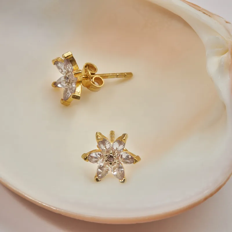 Lotus Flower Themed Gold Plated Earrings with Crystal Stones