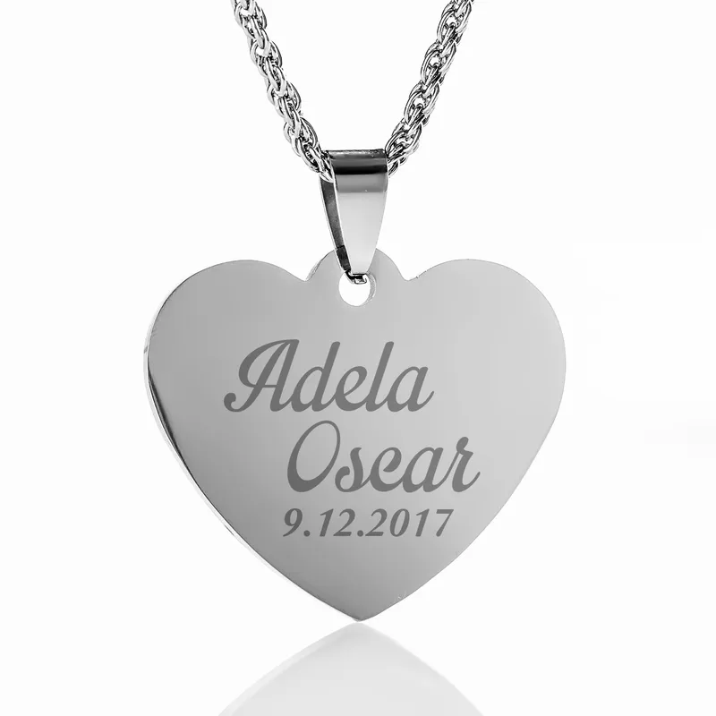 Love etched in Metal Personalized Heart Pendant with Name and Date