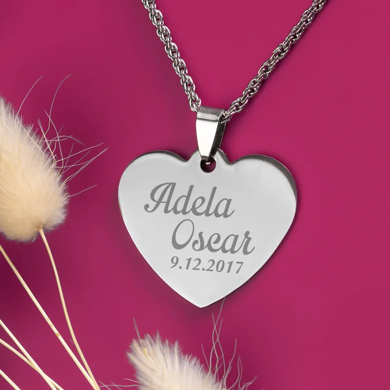 Love etched in Metal Personalized Heart Pendant with Name and Date