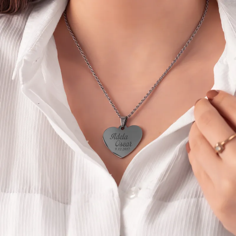 Love etched in Metal Personalized Heart Pendant with Name and Date