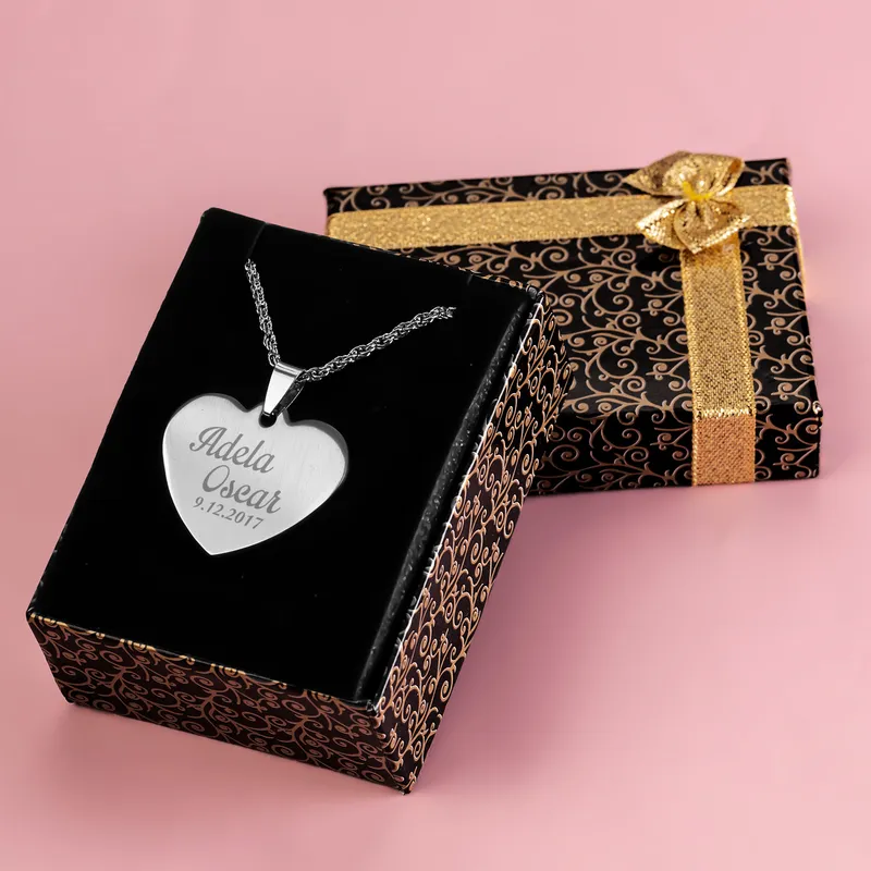 Love etched in Metal Personalized Heart Pendant with Name and Date