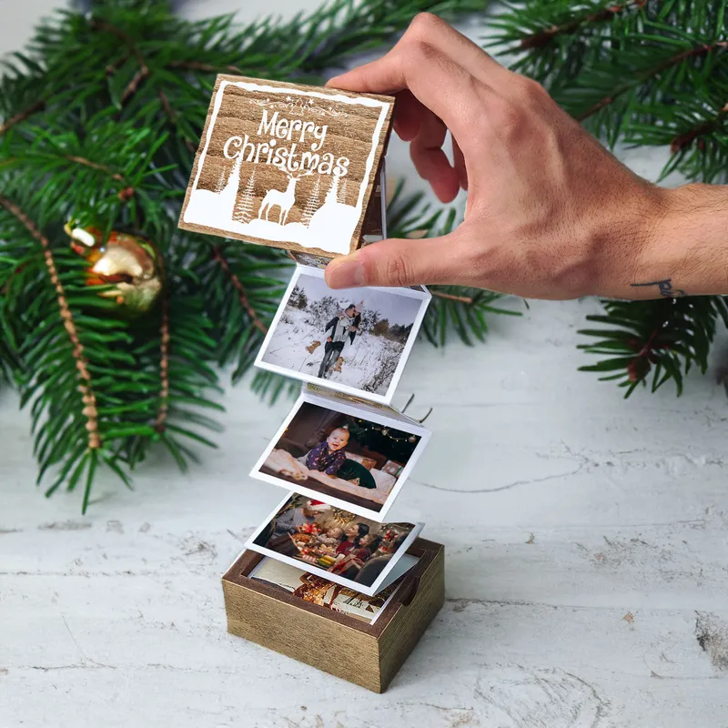 Merry Christmas Designed Wooden Accordion Photo Box