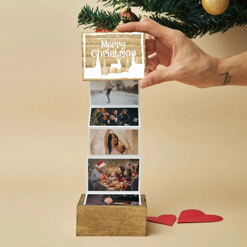 Merry Christmas Designed Wooden Accordion Photo Box