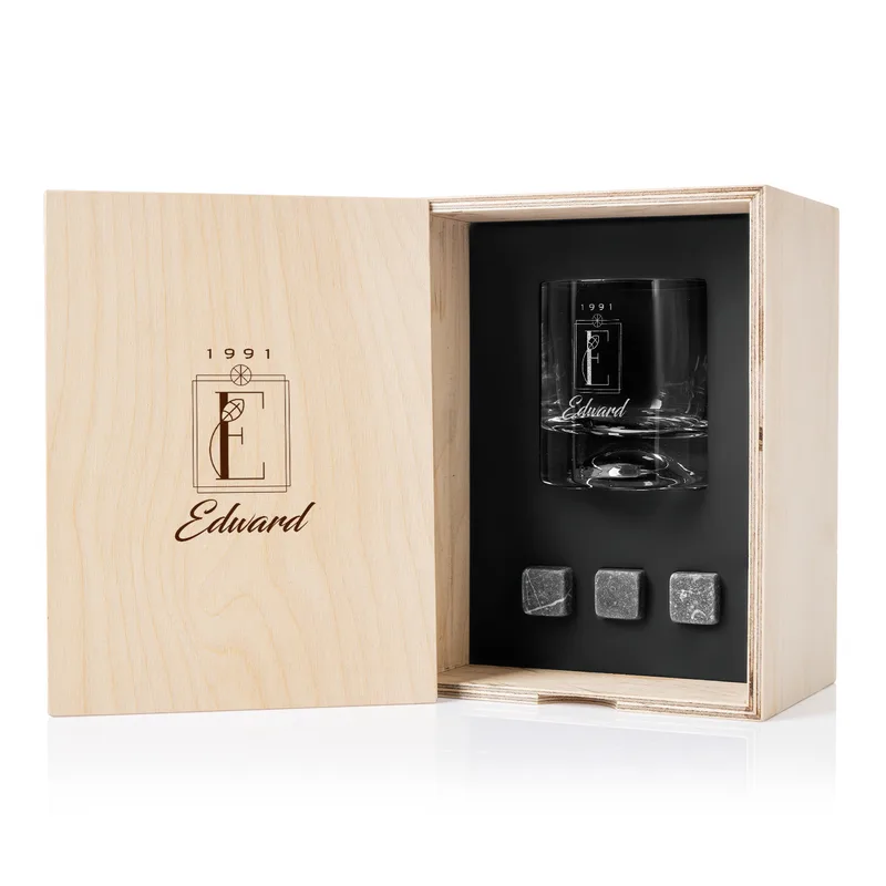 Personalised Whiskey Glass Set with Engraved Wooden Box