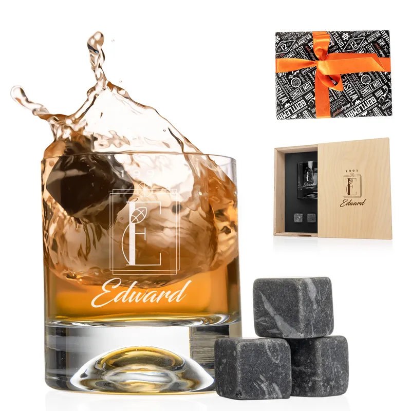 Personalised Whiskey Glass Set with Engraved Wooden Box