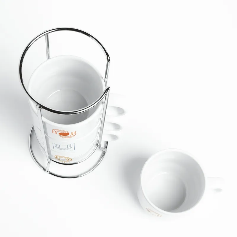 Minimal Lines Ceramic Mug Set of 4 with Stand