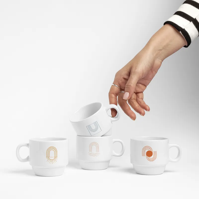 Minimal Lines Ceramic Mug Set of 4 with Stand