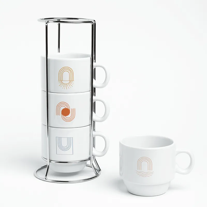 Minimal Lines Ceramic Mug Set of 4 with Stand