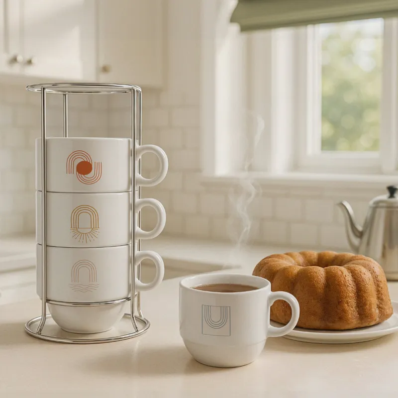 Minimal Lines Ceramic Mug Set of 4 with Stand